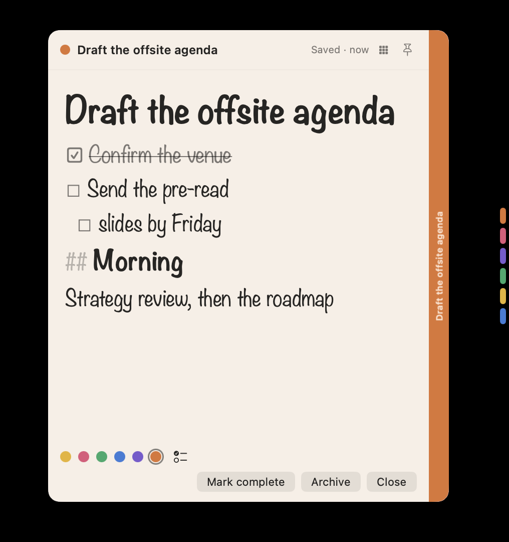 A Sidenote card showing a title, a ticked checklist item, a nested item and a heading