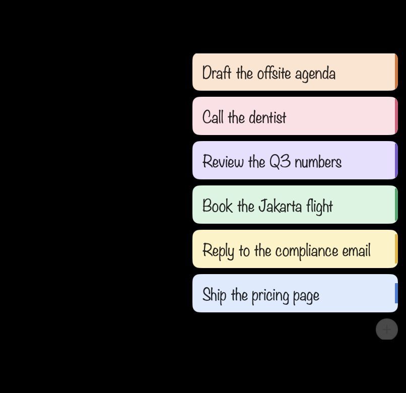 Six coloured notes fanned out at the right edge of a macOS desktop